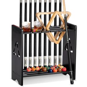 Pool Cue Stick Holder - Floor Stand Billiards Pool Cue Rack Oak Solid Wooden Holds 9 Cues and Pool Table Accessories Organizer