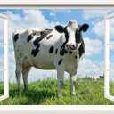 Fake Window Wall Mural - Cow in Field Faux Window Wall Sticker for Home Decor, Peel and Stick Wall Decals, 48" x 32", Set of 2 Sheets