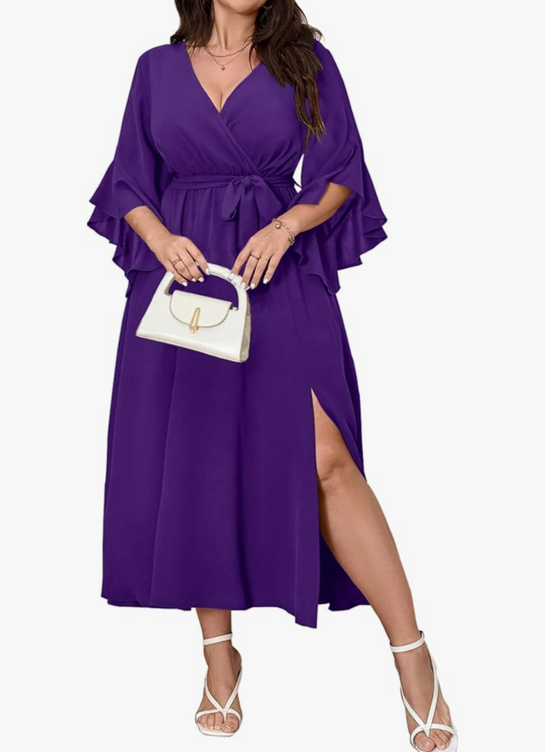 Womens Plus Size Dress Wedding Guest Cocktail Ruffle Half Sleeve Wrap V Neck Slit A Line Maxi Dresses with Belt Size L