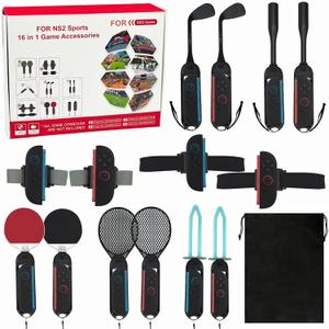 arVin Switch 2 Sports Accessories Bundle for Nintendo Switch 2(2025),16 in 1 Switch 2 Family Sports Party Games Accessories Kit with Joycon Grips/Leg&Wrist Straps/Golf Clubs/Baseball Bat/Tennis Racket