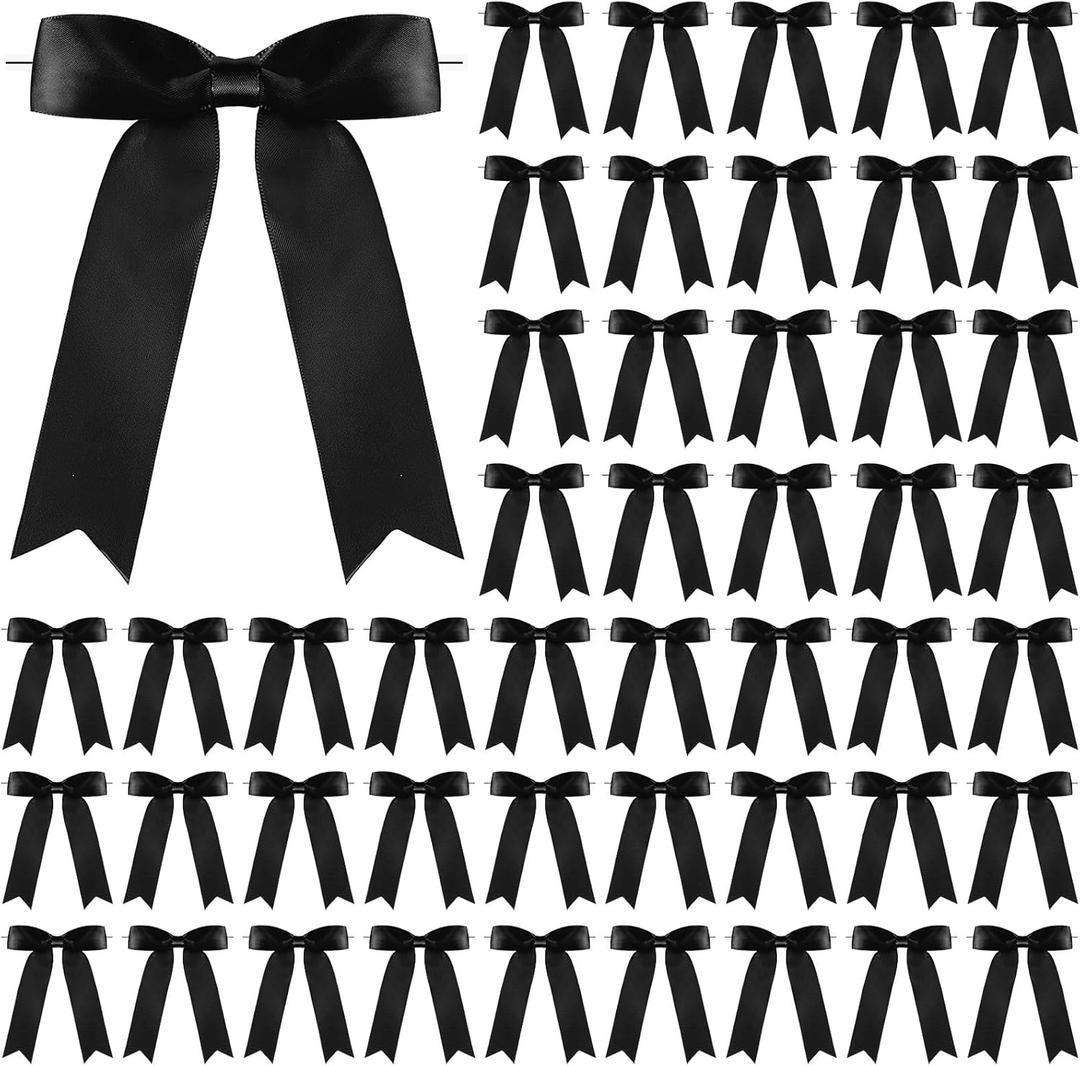 Riceshoot 50 Pcs Twist Tie Bows 3.5x5 Inch Satin Ribbon Bow for Gift Wrapping Bag Cake Craft DIY Wedding Birthday Party Decor (Black)