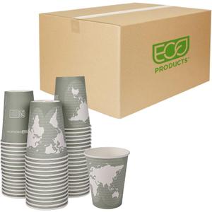 ECO PRODUCTS Compostable Disposable World Art 12oz Large Coffee Cups, Case of 1000, Renewable Hot Paper Cup, Plant Based PLA Lining, Color Coded, 1000 Count