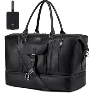 weiatas Faux Leather Travel Duffel Bag for Women Men, Large Weekender Overnight Bag with Shoes Compartment, Waterproof Carry On Bag Travel Tote Bag Gym Bag with Luggage Strap (Black)
