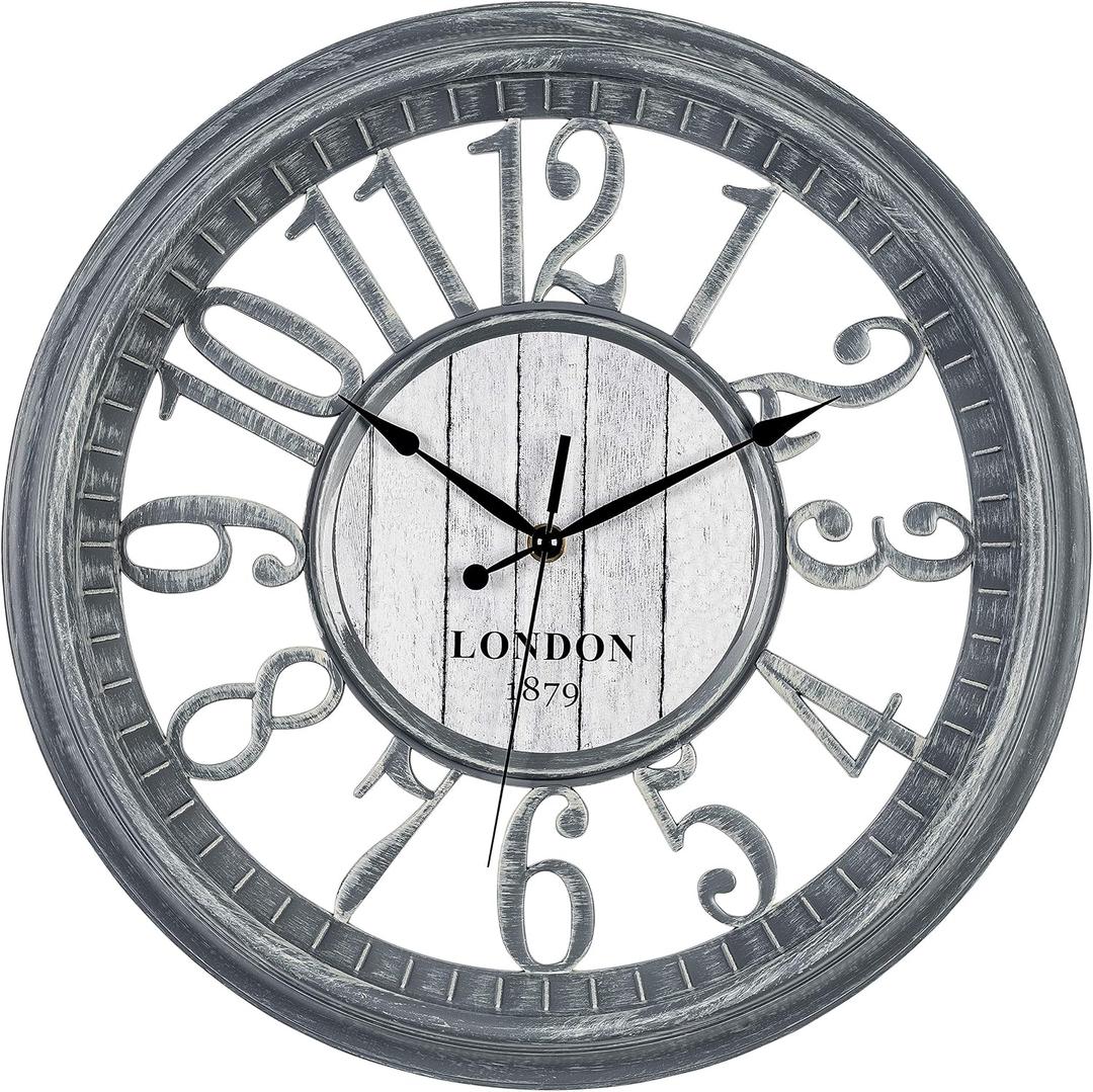 Bernhard Products Large Wall Clock 16 Inch Gray Noiseless Battery Operated Quality Quartz Rustic Farmhouse Shabby Chic Vintage Design for Kitchen/Living Room/Bedroom/Decorative Stylish Clocks