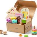 Tiny Land Montessori Toy Set for Babies 1 Year Old Thinker Play Kit- 5-in-1 Wooden Learning Toys with Peg Drop Box, Rocking Stacker, Egg Cup, Canister Set, and Crinkle Bag