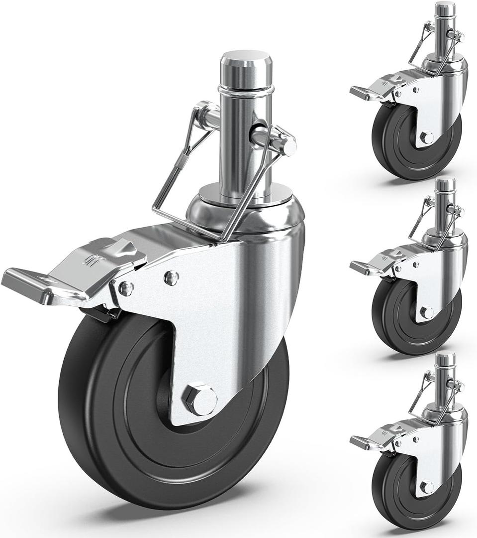 HOLKIE Scaffolding Caster Wheels 5 inch Dual Locking Casters Set of 4, 1" Round Stem Swivel Castor, 1190 lbs Load Capacity, Industrial Heavy Duty Replacement Castors