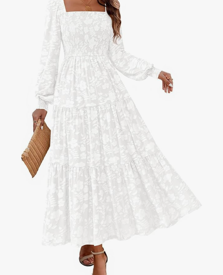 KIRUNDO Wedding Guest Dresses for Women Spring 2026 Long Sleeve Smocked Floral Flowy A Line Boho Maxi Dress Fashion Clothing MEDIUM