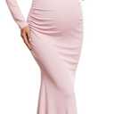 3D Floral Off The Shoulder Maternity Dress Sexy Ribbed Mermaid Maxi Bodycon Pregnancy Dresses Baby Shower (1. Long Sleeves Light Pink) XL