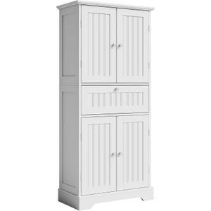 ChooChoo 51" H Tall Bathroom Floor Cabinet, Modern Bathroom Storage Cabinet with Drawer and Adjustable Shelves, Freestanding Kitchen Pantry Cupboard with 4 Doors for Living Room, White, 11.81"D x 23.62"W x 51.18"H