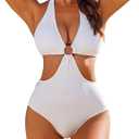 AI'MAGE Women's One Piece Swimsuits Tummy Control O Ring Cutout High Waisted Bathing Suit Tie Back Swimwear (White)