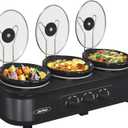 Sunvivi Triple Slow Cooker Buffet Servers and Warmer,3 Pot Food Small Mini Manual Slow Cooker with Adjustable Temp Stainless Steel Lid Rests,Removable Ceramic Pot, 3 * 1.5 Quarts Black