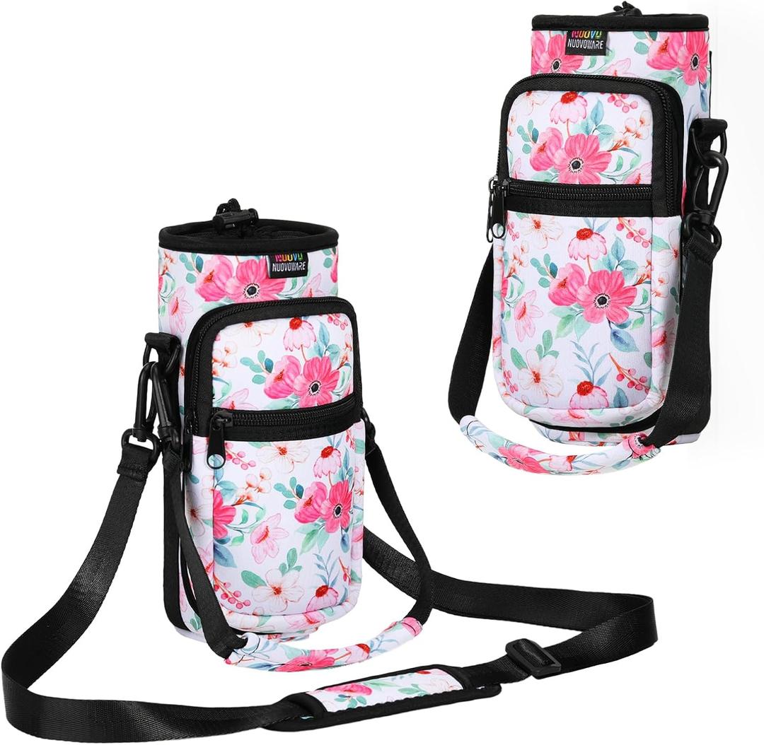 Nuovoware Water Bottle Carrier Bag,25oz/40oz/64oz Bottle Pouch Holder,Adjustable Shoulder Hand Strap 2 Pocket Sling Neoprene Sleeve Sports Accessories for Hiking Travelling Camping (Floral Pink)
