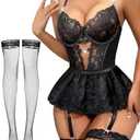 Lilosy Sexy Stocking Rhinestones Heart Garter Underwire Floral Mesh lace Sheer Babydoll Lingerie Teddy Bodysuit Skirt Set M