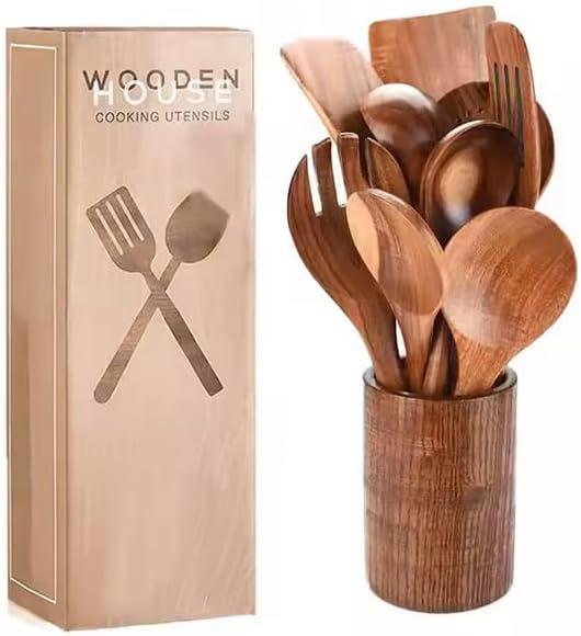 Wooden Kitchen Utensil Set, 10-Piece with Holder, Mixing Spoon, Strainer, Salad Fork, Spatula, Fried Spatula, Soup Ladle, Serving Spoon and more