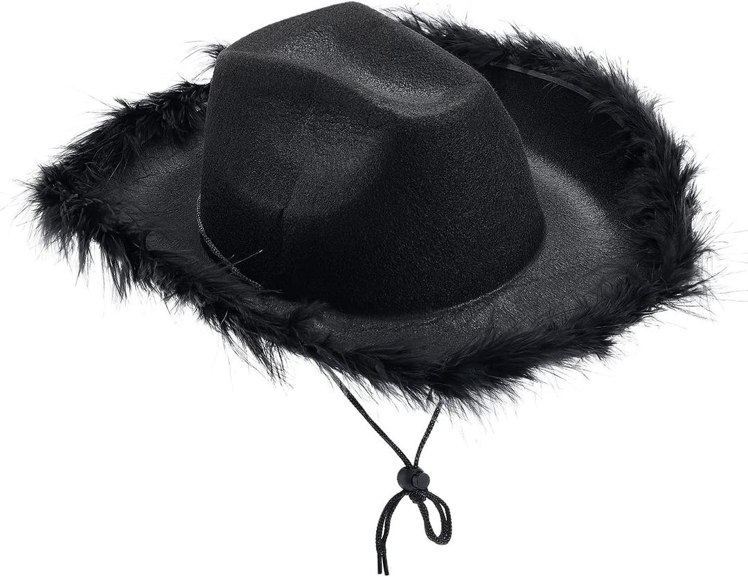 SSPalu Cowboy Hat Fluffy Feather Trim Cowgirl Hat Adult Western Felt Cow Girl Hat Fancy Dress Party Halloween Cosplay Costume (One Size)