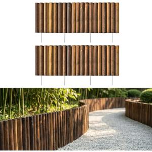 LaLaGreen Wooden Garden Edging Border (30" x 12", 2 Pack) Brown Wood Fence Panel with Metal Stakes, Decorative Flower Bed Landscape Fencing for Lawn Yard Dog Barriers Patio Pathways Outdoor Tree Decor