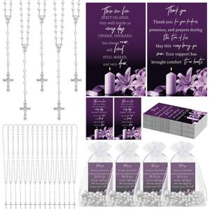Sureio 25 Sets Funeral Favors for Guests Celebration of Life Favors Rosary Necklace Prayer Cards for Organza Bags Sympathy Thank You Cards for Memorial Supplies