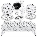 durony 121 Pieces Black Paw Print Party Supplies Dog Birthday Tablecloth, Plates, Napkins, Forks and Paper Cups Decorations for Puppy Theme Party Supplies, Black/White