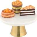 Cruiser’s Caché | 9-Inch Marble Cake Stand | Natural White Marble with Gold Base | Round Dessert Stand, Cupcake Stand for Birthday Parties, Weddings, Baby Shower and Other Events, White and Gold