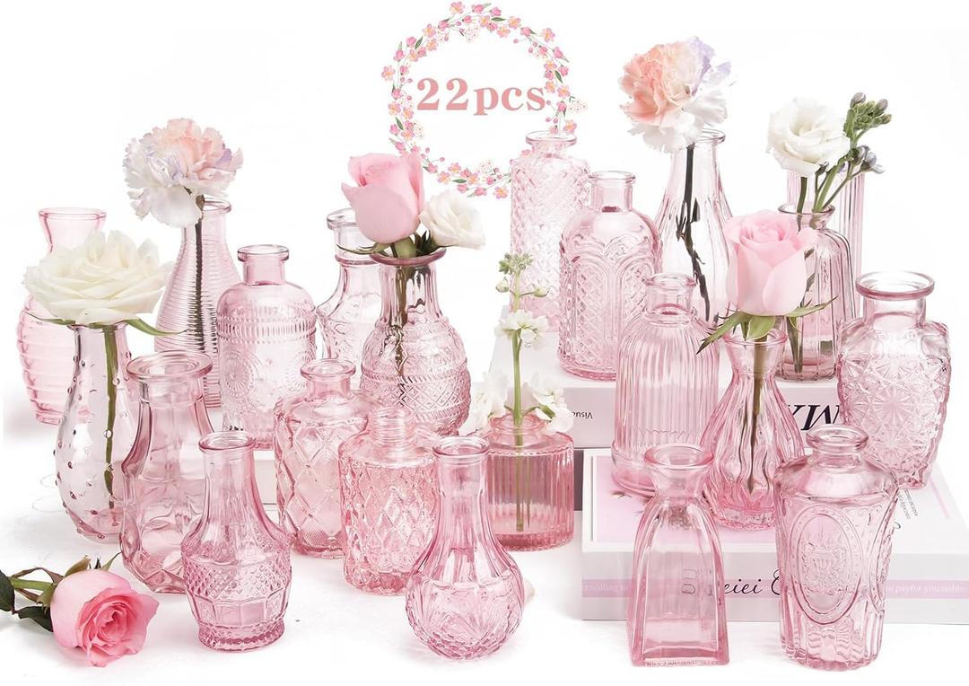 BEAHOT 22 Pack Pink Flower Vase in Bulk,Mini Vintage Glass Bud Vases for Centerpieces,Wedding Decor,Party & Home Decaration,Mother's Day (Pink)