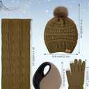 URATOT Winter Warm Sets Knitted Scarf Beanie Pompom Hat Touch Screen Gloves and Winter Ear Warmer Set for Men or Women (Brown)