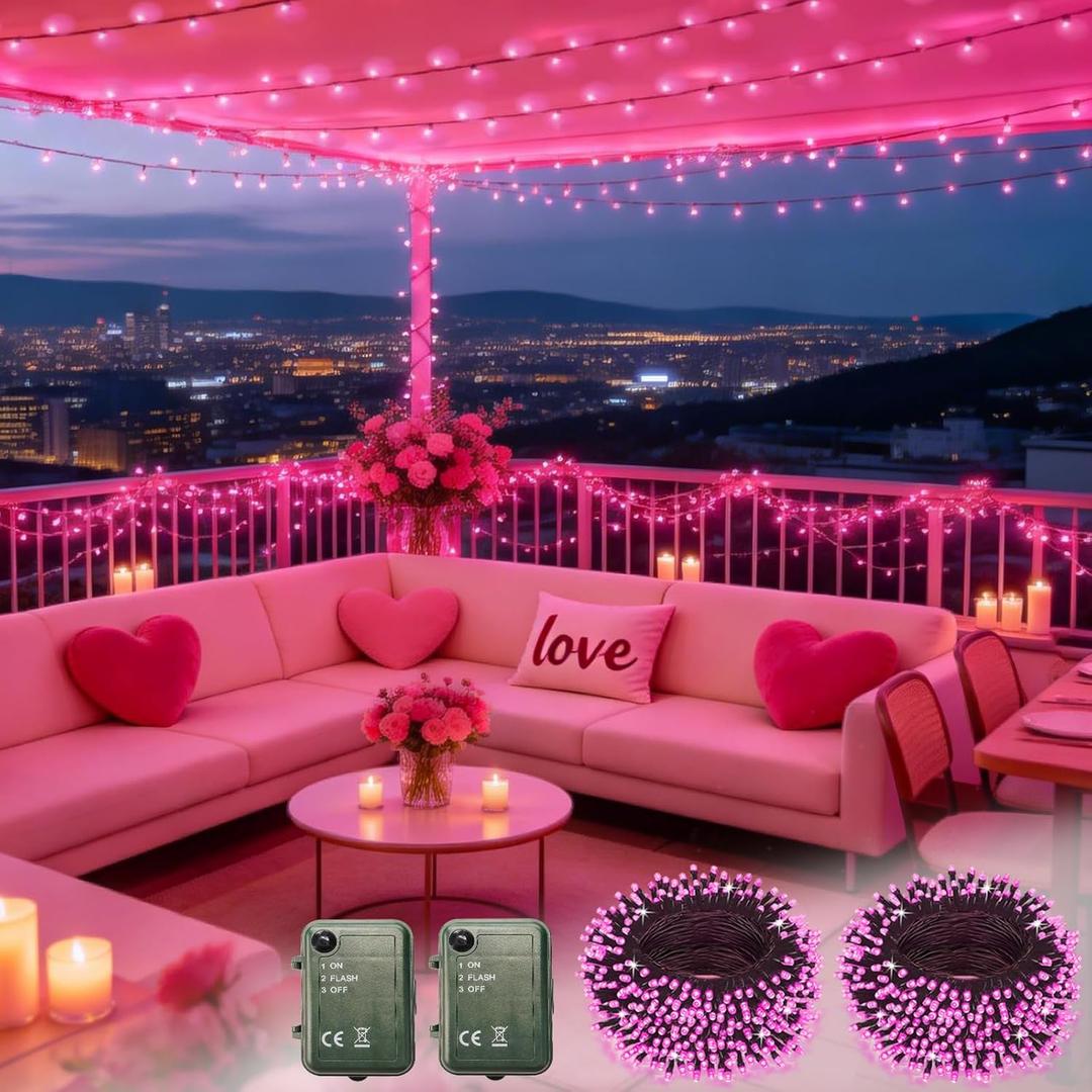 Pink String Lights Battery Powered, 4 Pack Total 66.6 FT 200 LED Valentines Day String Lights Indoor Outdoor Decoration, Twinkle Fairy Light for Valentine's Day Decorations