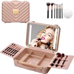 Mocado Travel Makeup Case with Lighted Mirror, Makeup Box with 8 Makeup Brushes and 10x Magnifying Mirror, Cosmetic Case Adjustable Brightness Makeup Train Case with Makeup Brushes Divider(Pink)