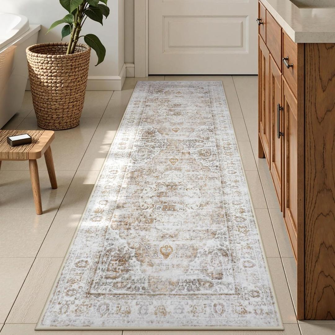 Uphome Bathroom Runner Rug, Distressed Tribal Farmhouse Light Khaki Bathroom Mat, Large Bathroom Rugs Non Slip Washable, Oriental Retro Boho Bath Mat Runner for Bathtub Sink Hallway, 24x59 inch