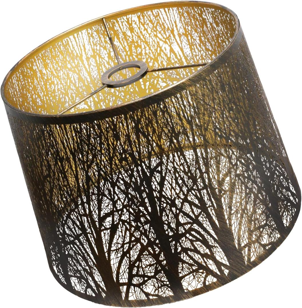 Vintage Drum Metal Lampshade, Forest Tree Pattern, 12W x14D x10H inches, Antique Copper with Gold Interior, lron Cover Lamp Shade for Table Lamps, Floor Lamps, Pendant Light Home Decor Spider Fitter