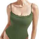 SUUKSESS Women Lace Trim Bodysuits Sleeveless Spaghetti Strap Tank Top, L