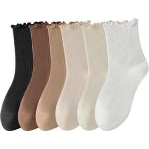 Rueesh 6 Pairs Breathable Women Warm Ruffle Ankle Socks Winter Cozy Knit Cotton Crew Socks Soft Thermal Frilly Calf Socks (White)