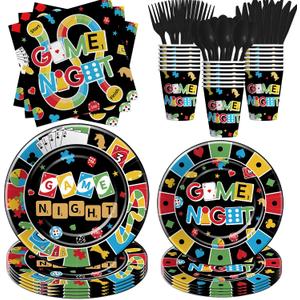 Family Game Night Party Decorations Tableware, Family House Board Games Party Supplies for Birthday Kids Adults Gaming Night, Disposable Paper Plate, Napkin, Cup, Cutlery, Serves 24