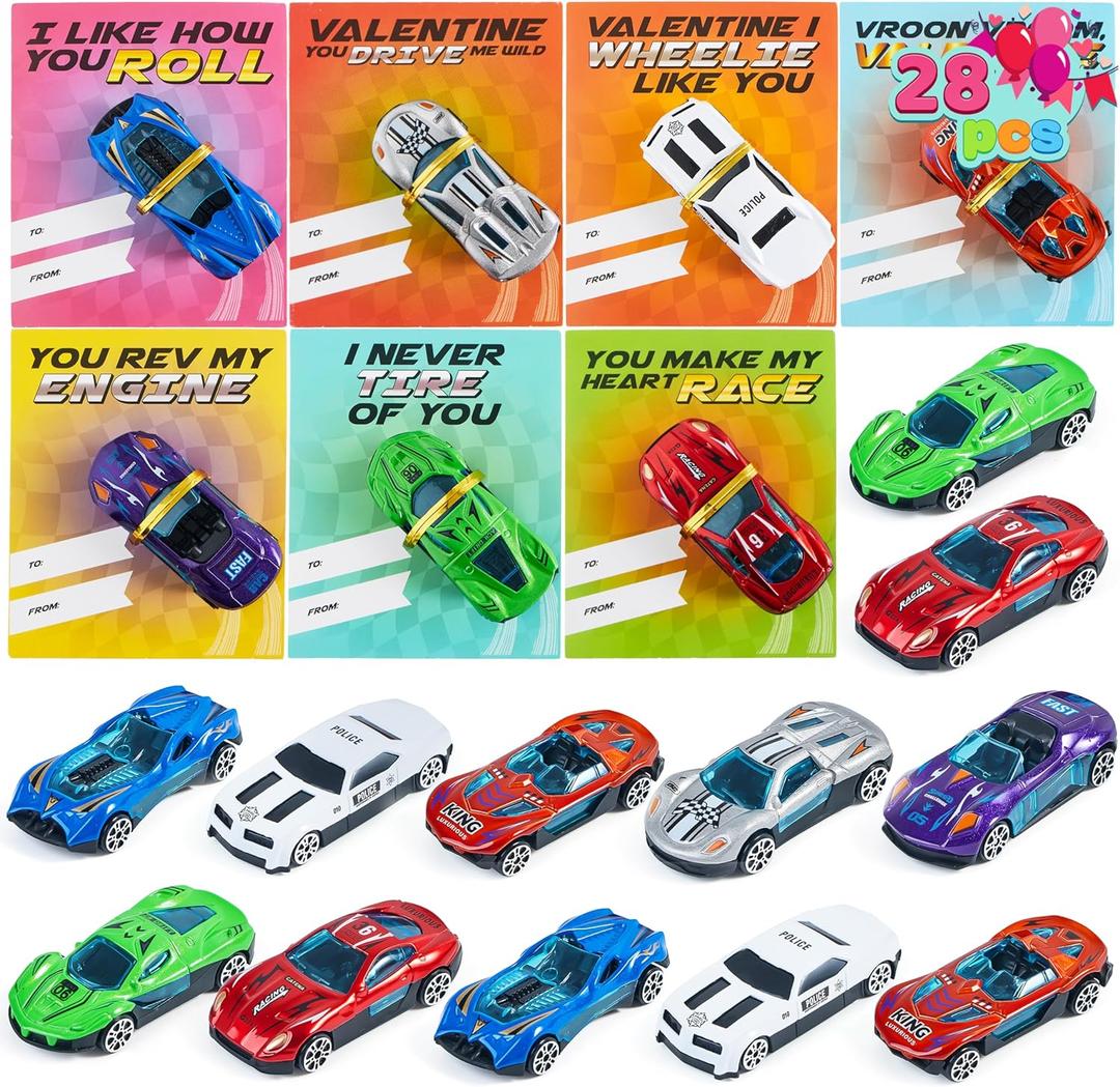 JOYIN 28 Valentines Day Gifts Cards with Die-Cast Racing Cars Vehicle for Kids School Classroom Exchange Party Favor Gift Supplies