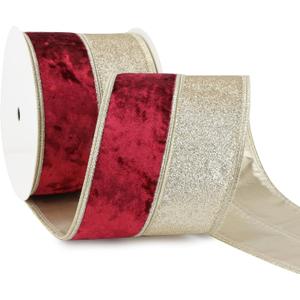 Burgundy Velvet Wired Christmas Ribbon 4 Inch Extra Wide Thick Maroon and Gold Glitter Holiday Ribbon  10-Yards Roll for Tree Decorations, Gift Wrapping, Wreaths, and DIY Crafts