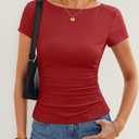 ZESICA Women's Summer Boat Neck Short Sleeve T Shirts 2026 Spring Slim Fit Y2k Going Out Crop Tops Basic Trendy Outfits, Red, XL (Red, XL)