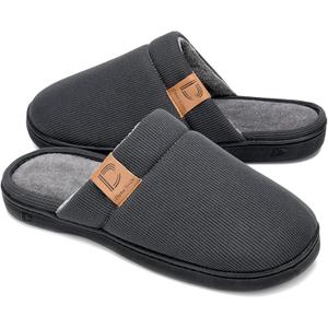 DL Men's Memory Foam Slippers with Fuzzy Plush Lining, Slip on House Slippers with Indoor Outdoor Anti-Skid Rubber Sole 9-10