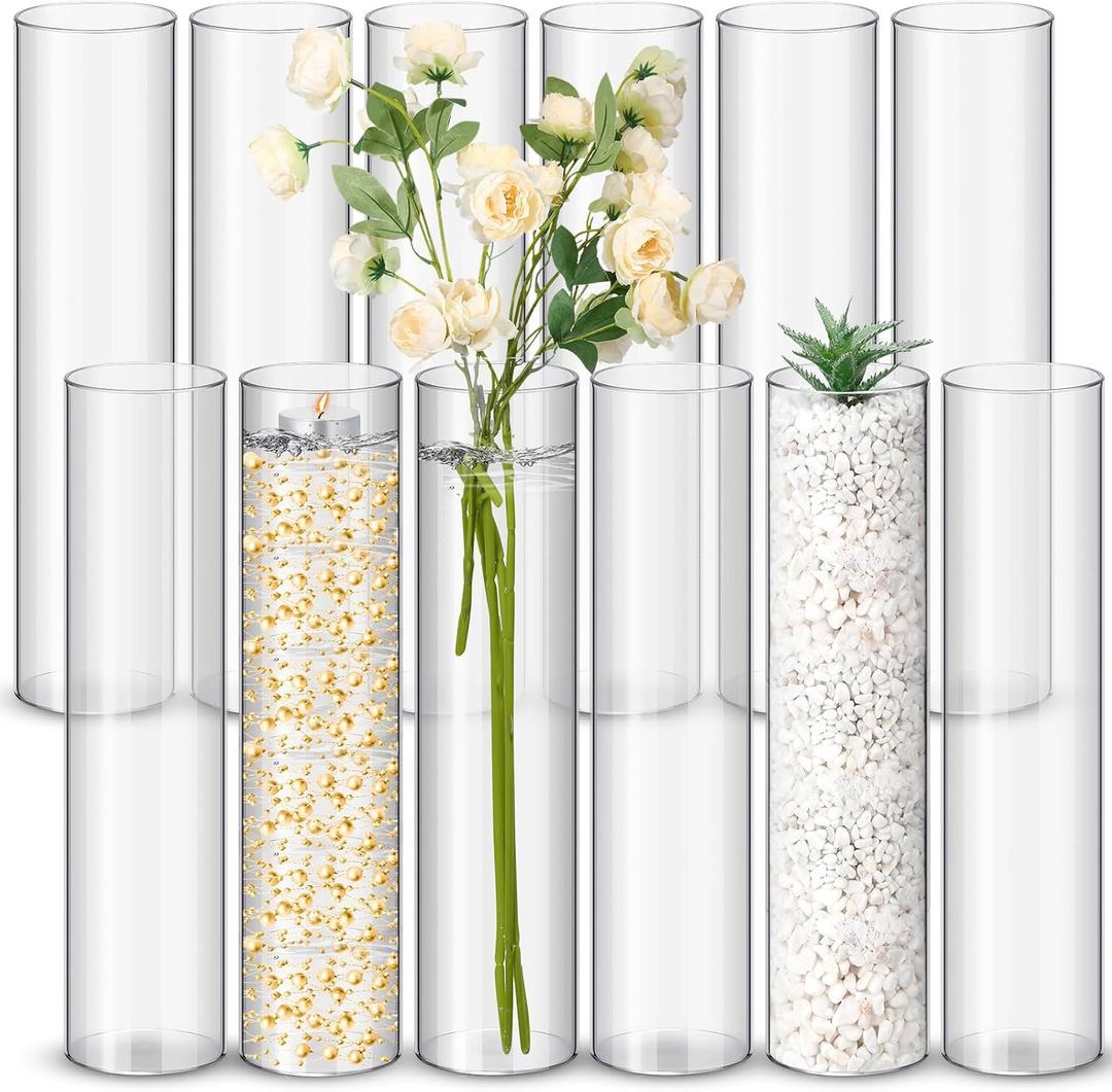 Nuogo 12 Pcs Plastic Clear Cylinder Vase for Home 12 Inch Acrylic Flower Clear Vase Centerpiece for Centerpieces Wedding Party Decorations