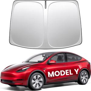 REEVAA 2025 Upgrade Tesla Model Y (2019-2026 Juniper) Windshield Sun Shade [99% Sun Protection for Ultimate Interior Protection] Keep Cool, Foldable Sunshade Car Accessories with Storage Bag
