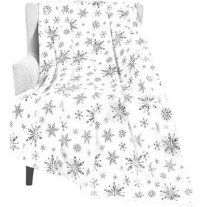 Merry Christmas Throw Blanket, Silver Snowflake Foil Print Throw Blankets, White Winter Fluffy Fleece Blanket for Couch Warm Bed Napping Flannel Blanket for Sofa Bedroom Gift Xmas Decor, 50" x 60"