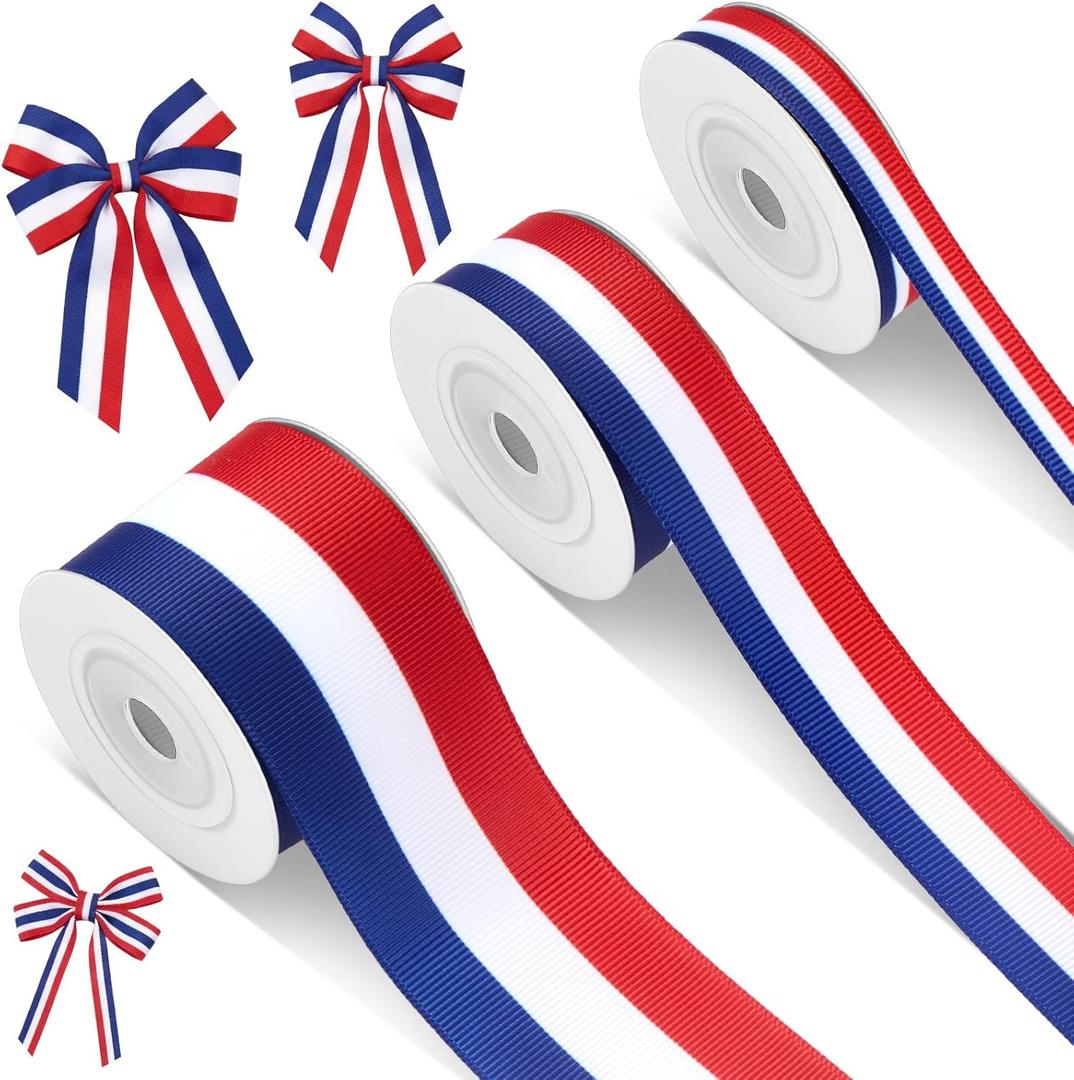 Cunno 1 Roll Red White and Blue Ribbon Patriotic Ribbon Decorating Material American Flag Striped Party Accessory for DIY Gift Wrapping, 4th of July Decorations, 0.4, 0.87, 1.5 Inch Wide, 15 Yard