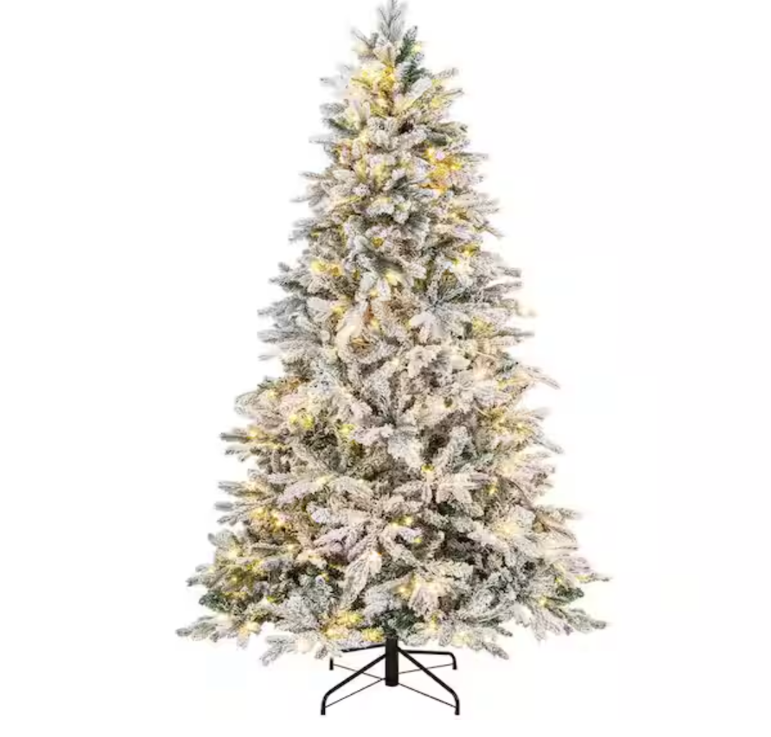 7 FT Pre-lit Artificial Christmas Tree, Snow-Flocked Xmas Tree with 300 Warm White LED Lights, 1096 Mixed Branch Tips, Pine Needles, Hinged Holiday Decoration Tree for Home Office Party