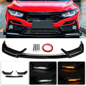 Front Bumper Lip W/Light Compatible with 2017-2021 Honda Civic Hatchback & Si, Air Dam Spoiler Splitter with LED Daytime Running Lights Fit for 2017 2018 2019 2020 2021 (Glossy Black)