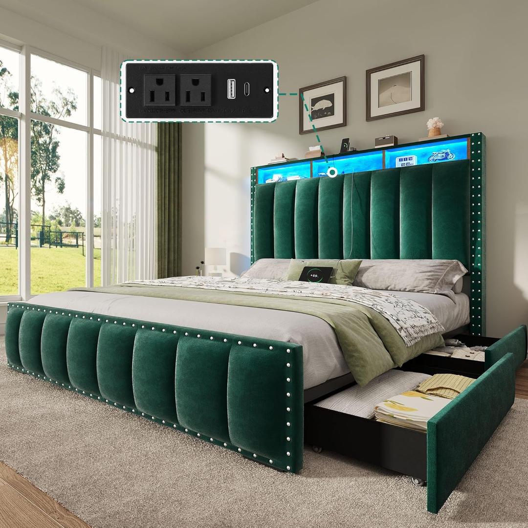 DWVO Full Size Bed Frame with 4 Storage Drawers and RGB LED Lights, Velvet Upholstered Platform Bed with Charging Station and Bookcase Storage Headboard, No Box Spring Needed, Easy Assembly, Green