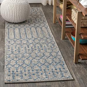 JONATHAN Y Moroccan Geometric Indoor Outdoor Runner Rug 2X8 Light Gray/Navy, Ourika Textured Weave for Backyard, Patio, Porch, Easy-Cleaning, High Traffic, Pet-Friendly, Non-Shedding (SMB108A-28)