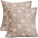 Light Brown Floral Pillow Covers 18x18 Set of 2 Cream Vintage Flower Block Print Pattern Decorative Throw Pillows Farmhouse Outdoor Rustic Square Cushion Cases Decor for Home Sofa Bed Couch