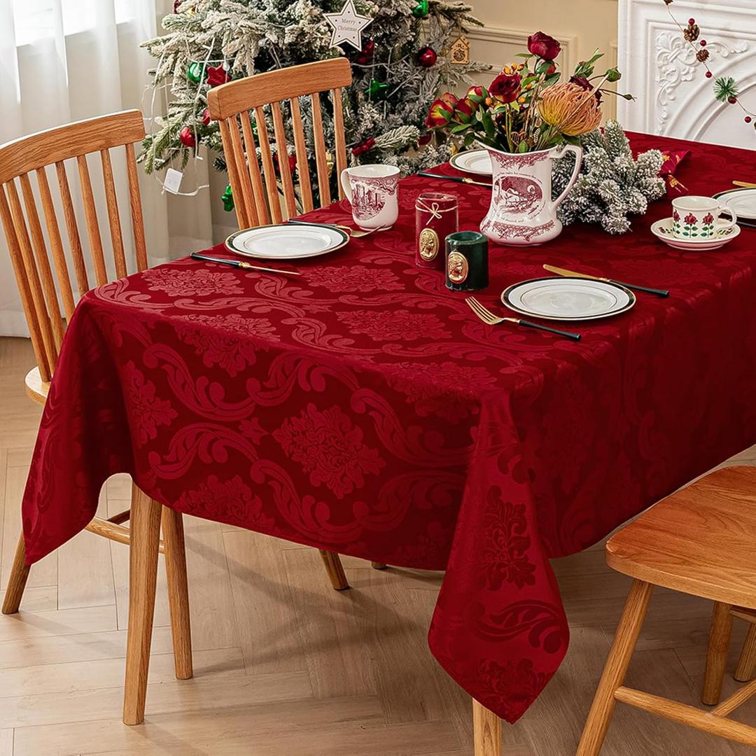 Romanstile Christmas Jacquard Rectangle Tablecloth with Red Flower - Waterproof Damask Vintage Floral Table Cloth, Xmas Decorative Table Cover for Dinner/Parties/Holiday - 60 x 84 Inch