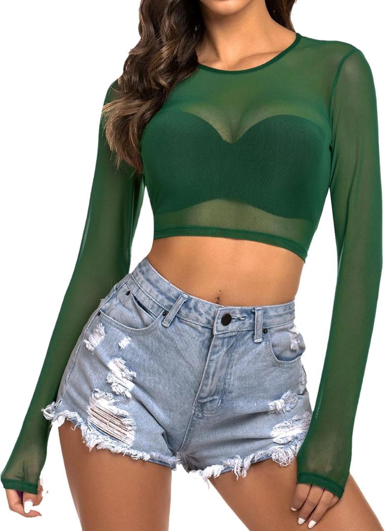 Avidlove Women Mesh Crop Top Long Sleeve See Through Shirt Sheer Blouse O Neck Clubwear (Medium, Dark Green)