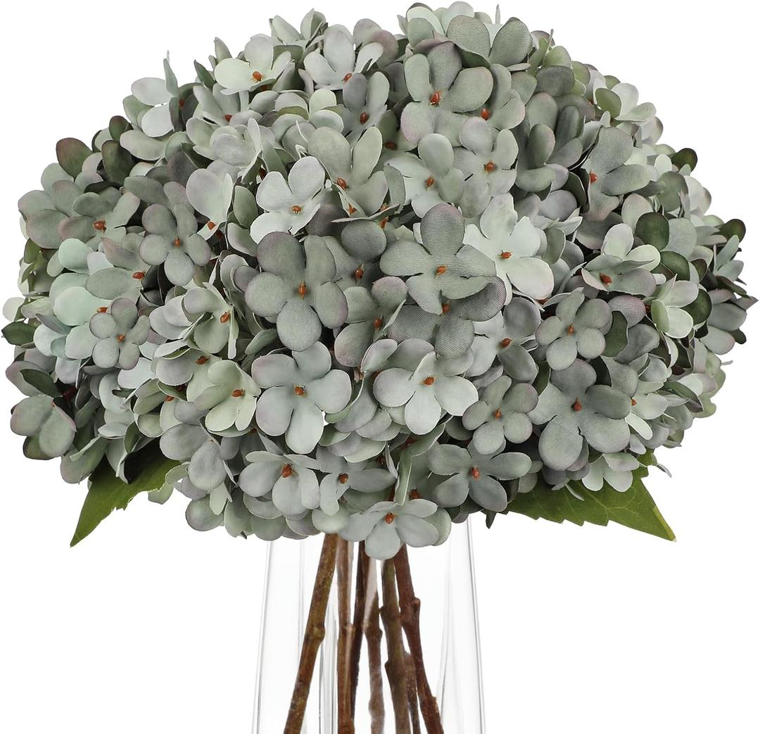 Hollyone 6Pcs Grey Blue Hydrangea Artificial Flowers Faux Real Touch Hydrangeas Silk Flowers with Stem Fake Spring Florals Flower for Home Wedding Table Centerpiece Vase Arrangements Fall Decoration