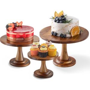 Set of 3 Acacia Wood Cake Stand Set  Wooden Rustic Farmhouse Cupcake Stand - Wedding and Birthday Decorating Cake Pedestal Stand - Dessert Display Serving Use at Parties, Restaurants, Birthday (small, medium, and large)