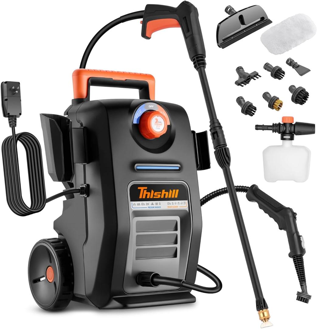 This Hill 2-in-1 Pressure Washer and Steam Cleaner, 3000 PSI 2 GPM | Electric Power Washer, 1500W High Pressure Steam Cleaner for Car Detailing, Tile Grout, Patio, Furniture, Engine Bay